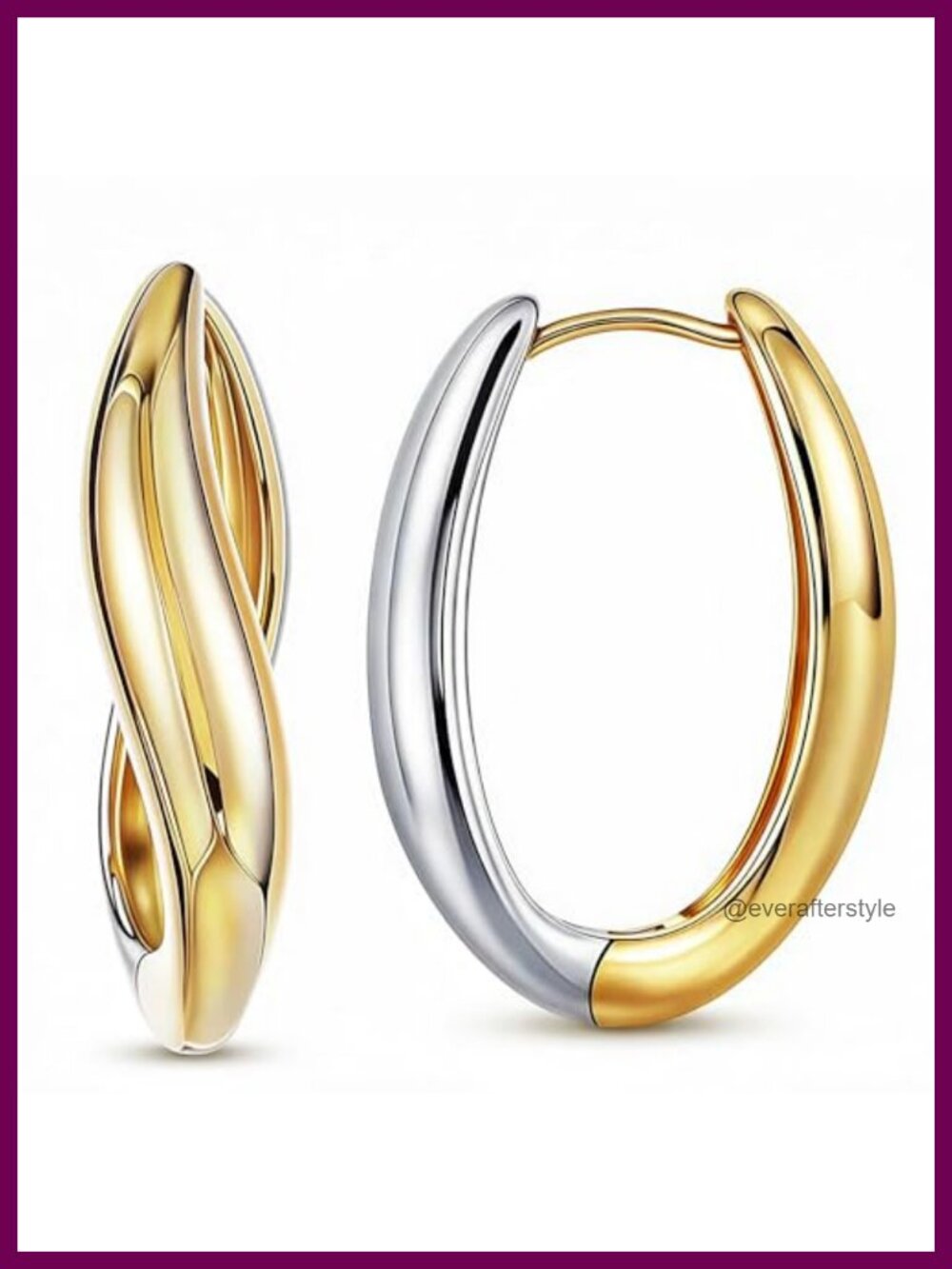 Oval Hoop Earrings 14K Gold Plated 925 Silver Two Tone